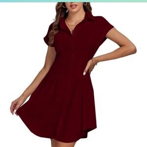 New Burgundy collar button satin, casual dress shirt dress